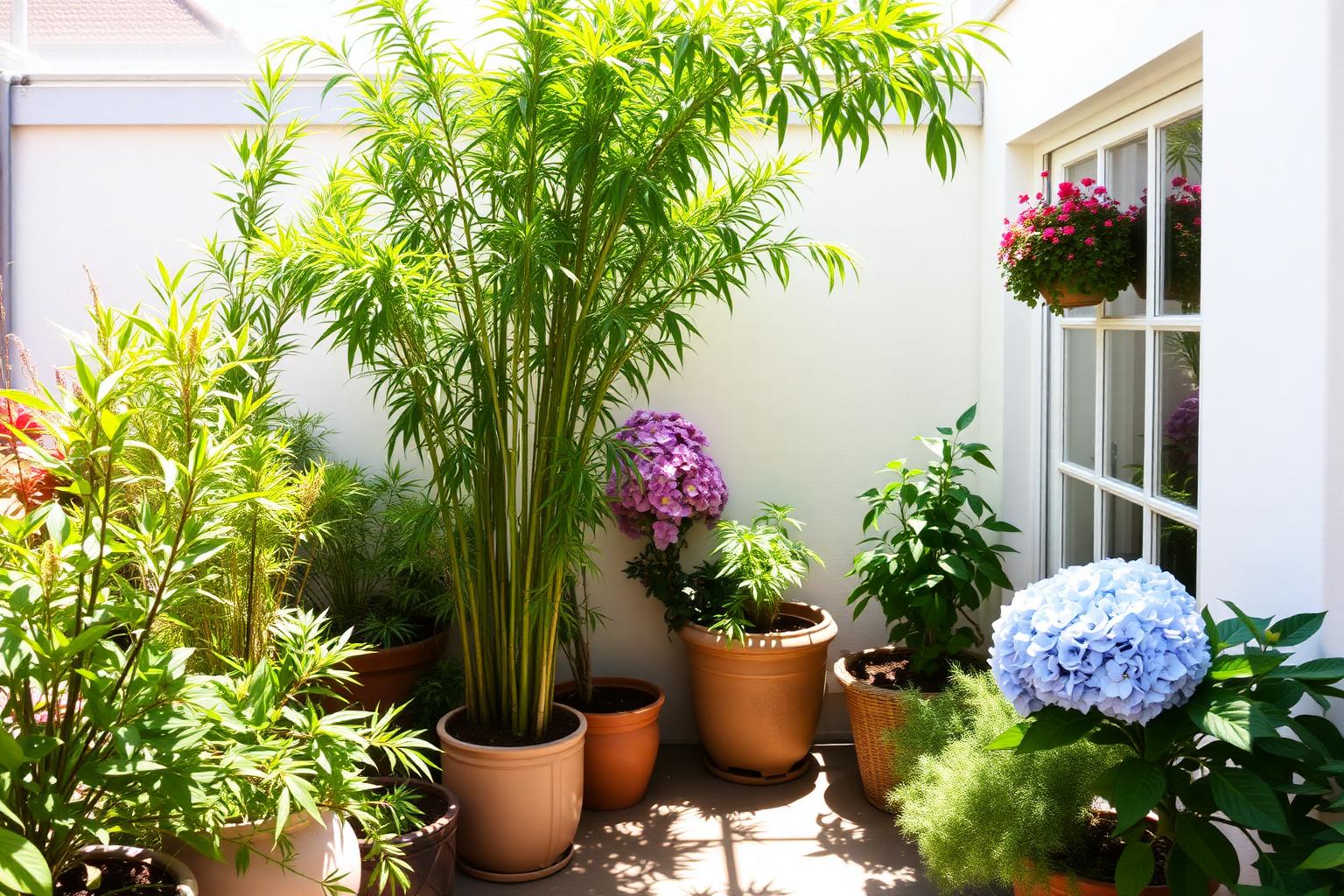Zonnig terras met potten vol bamboe en hortensia